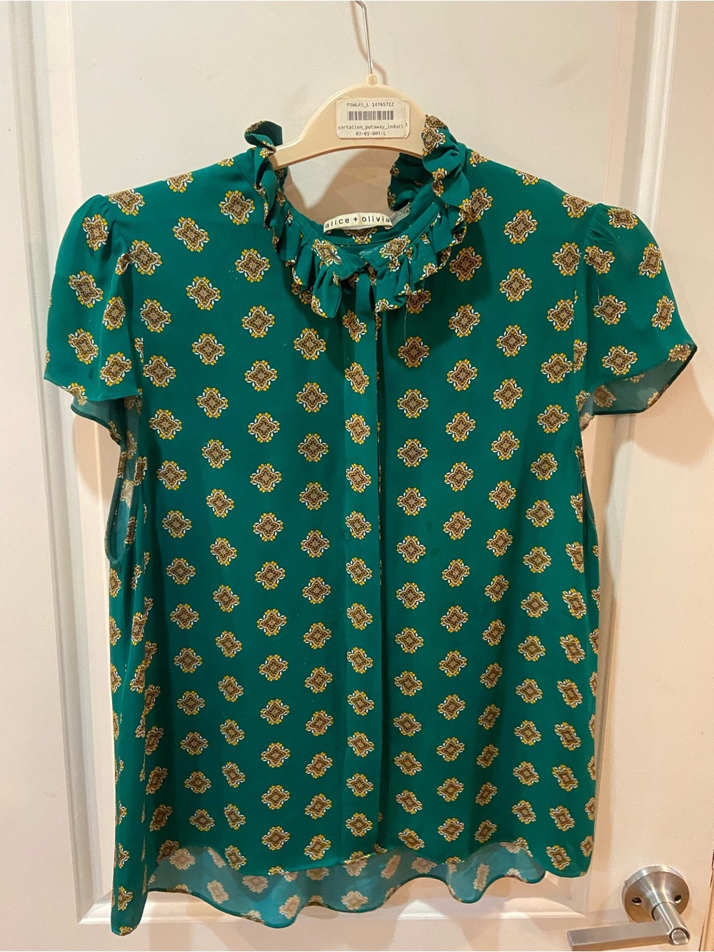 Alice + Olivia Teal Ruffle Tie-Neck Short Sleeve Blouse size L